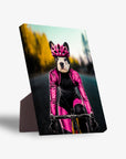Personalized French Bulldog pet art on a standing canvas, featuring a female cyclist in a pink suit and helmet.