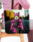 Personalized black tote bag with a custom pet portrait of a French Bulldog cyclist in pink gear.