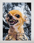 Personalized 'Fierce Wolf' pet poster featuring a snarling chihuahua against a full moon and bare trees.