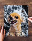 Personalized 'Fierce Wolf' pet puzzle featuring a chihuahua with fangs against a spooky moonlit background.