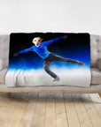 Custom pet portrait blanket featuring a dog's head on a figure skater's body, blue and black design.