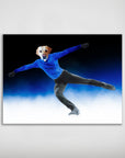Personalized matte poster featuring a yellow lab's head on a figure skater in a blue top and black pants.