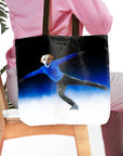 Personalized black tote bag with a custom dog pet portrait as a figure skater on ice.