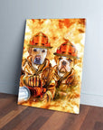 Custom canvas art depicting two pets as firefighters in orange gear against a fiery background.