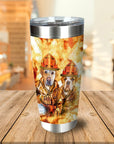 Personalized stainless steel tumbler with two pet dogs in firefighter uniforms against a fiery background.
