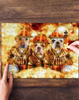 Personalized 3 pet puzzle with dogs in firefighter uniforms, custom portrait art style.
