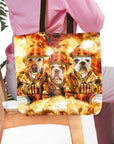 Personalized 3 pet firefighter portrait tote bag with dogs in helmets and gear.
