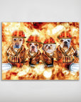 Personalized matte poster featuring four pets as firefighters in orange gear amidst a fiery background.