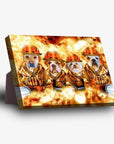 Personalized standing canvas featuring four pets as firefighters in orange gear against a fiery background.
