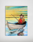 Personalized pet poster featuring a Golden Retriever dog dressed as a fisherman in a boat on water.