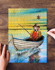Personalized pet puzzle featuring a golden retriever dog dressed as a fisherman in a boat.