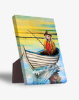 Personalized pet standing canvas featuring a golden retriever in a boat, fishing, against a vibrant sunset.