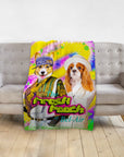 Personalized 2 pet blanket with a corgi and Cavalier King Charles Spaniel in "Fresh Pooch of Bel-Air" style.