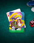 Personalized playing cards featuring two dogs in "Fresh Pooch of Bel-Air" cartoon style on a green felt table.