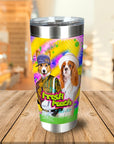 Personalized stainless steel tumbler with two pet portraits in "Fresh Pooch of Bel-Air" cartoon style.