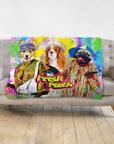 Personalized 'Fresh Pooch' blanket with cartoon portraits of a corgi, cavalier, and pug in colorful outfits.
