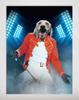 Personalized 'Furry Mercury' pet poster featuring a Weimaraner dog in a red jacket, white shirt, and pants, holding a microphone on a stage with blue spotlights and smoke.