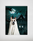 Personalized 'Ghost' pet poster featuring a dog in a white sheet against a haunted house and full moon.