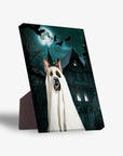 Personalized pet standing canvas featuring a dog in a ghost costume against a spooky haunted house and moonlit sky.