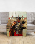Personalized pet blanket with a Rottweiler in a Gladiator portrait, draped over a gray couch.