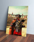 Custom 'Gladiator' pet canvas featuring a Rottweiler in Roman armor, standing in an arena.