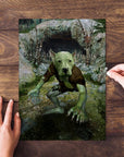 Personalized pet puzzle featuring a dog's face on a green goblin body in a cave setting.