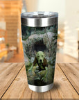 Personalized stainless steel tumbler with a custom dog portrait in a goblin-like, fantasy style.