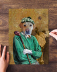Personalized pet puzzle featuring a yellow lab in a green golfer outfit, held by hands on a wood table.