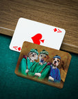 Personalized playing cards featuring three pets as golfers in a renaissance portrait style, on a green felt table.