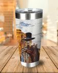 Personalized stainless steel tumbler with a dog in a cowboy hat and poncho against a desert background.