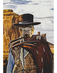 Personalized digital portrait of a dog as a cowboy in a western landscape.