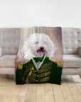 Personalized pet blanket with a white dog in a green admiral renaissance portrait.