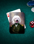 Personalized pet playing cards featuring a white dog in a green Admiral's uniform on a poker table.