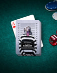 Custom personalized playing cards featuring a dog in a "guilty doggo" mugshot style.