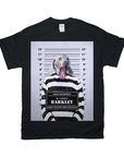 Black Gildan t-shirt with a personalized mugshot design of a Weimaraner dog in a striped prison uniform.