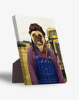 Personalized 'The Hillbilly' standing canvas featuring a pug's head on a farmer's body in blue overalls.