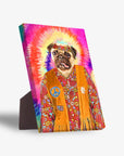 Pug pet portrait on standing canvas, dressed as a hippie with tie-dye background, orange vest, and peace signs.