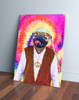 Personalized "The Hippie" canvas featuring a pug in a brown vest, white shirt, peace sign necklace, and tie-dye headband against a vibrant background.