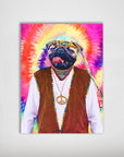 Personalized 'The Hippie (Male)' pug dog poster with a colorful tie-dye background and peace sign necklace.