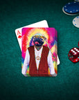 Personalized playing cards featuring a pug in a "Hippie (Male)" costume with a tie-dye background.