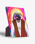 Personalized pet standing canvas featuring a pug in a hippie outfit with a tie-dye background.