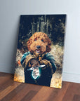Custom pet canvas featuring a brown dog in a blue cloak, holding a glowing sword, against a dark, fiery background.