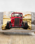 Personalized 2-pet blanket featuring dogs in a red hot rod car, desert background.