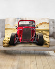 Personalized pet blanket with a dog portrait driving a red hot rod in a desert landscape.