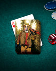Personalized playing card featuring a dog's head on a hunter's body, with poker chips and dice on green felt.