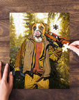 Personalized pet puzzle featuring a dog's face on a hunter's body in a forest, with hands assembling it.