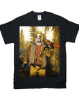 Black Gildan t-shirt with a boxer dog's head on a human body holding a rifle in a forest.
