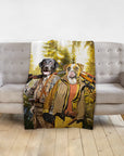 Personalized 'The Hunters' pet portrait blanket with two dogs in renaissance hunting attire.