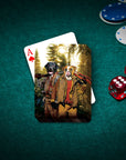 Personalized playing cards featuring two pets as hunters in a forest, with an ace of spades and poker chips.