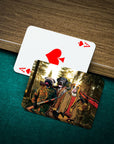 Personalized playing cards featuring three pets in a "Hunters" renaissance portrait style.